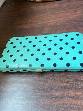 Polka Dot Hard Sided Wallet Clutch Case Blue Teal Gold Rockabilly Quirky